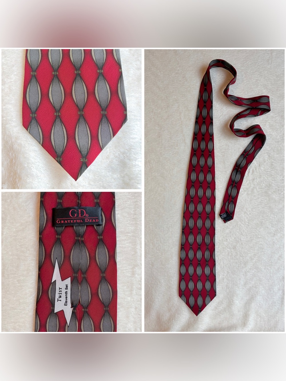Grateful Dead 100% Silk Handmade Tie Red Gray Pattern Original 57" x 3.5"